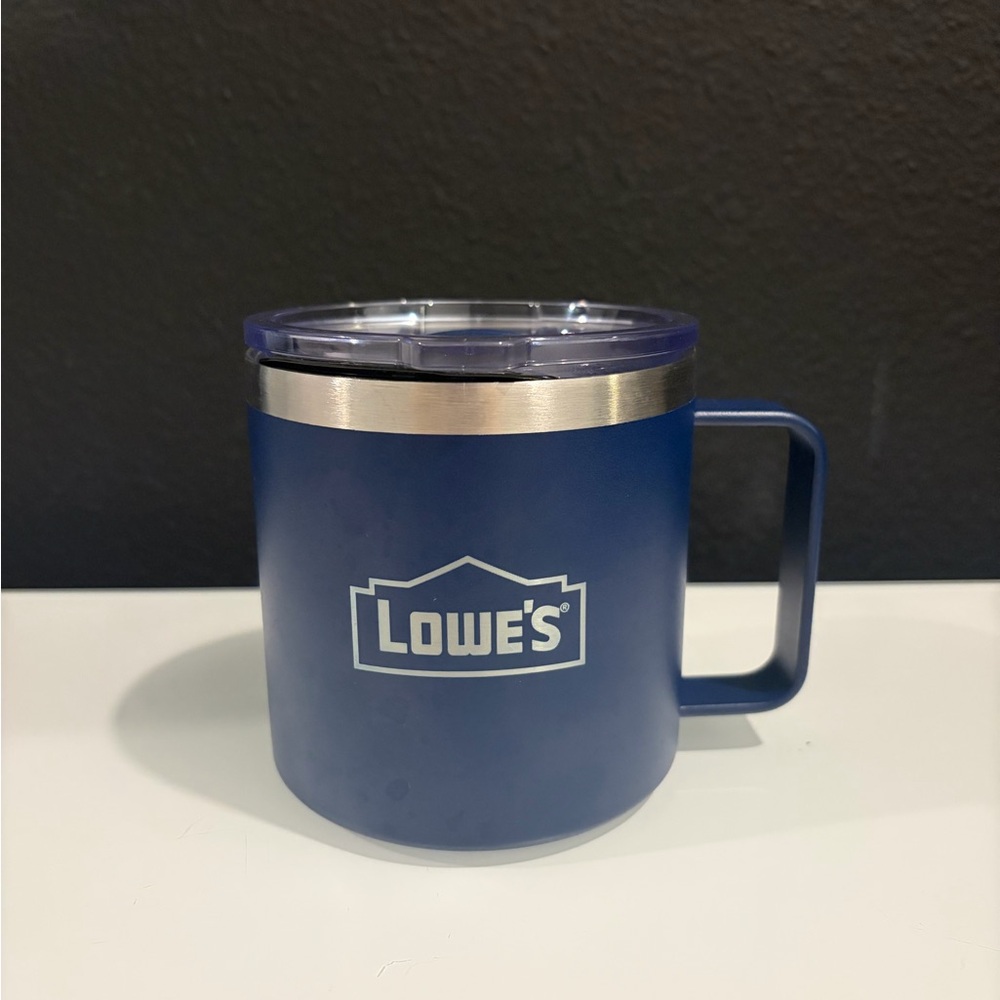 Lowe’s Navy Blue Silver Insulated Mug Snack Cup Stainless Steel NEW